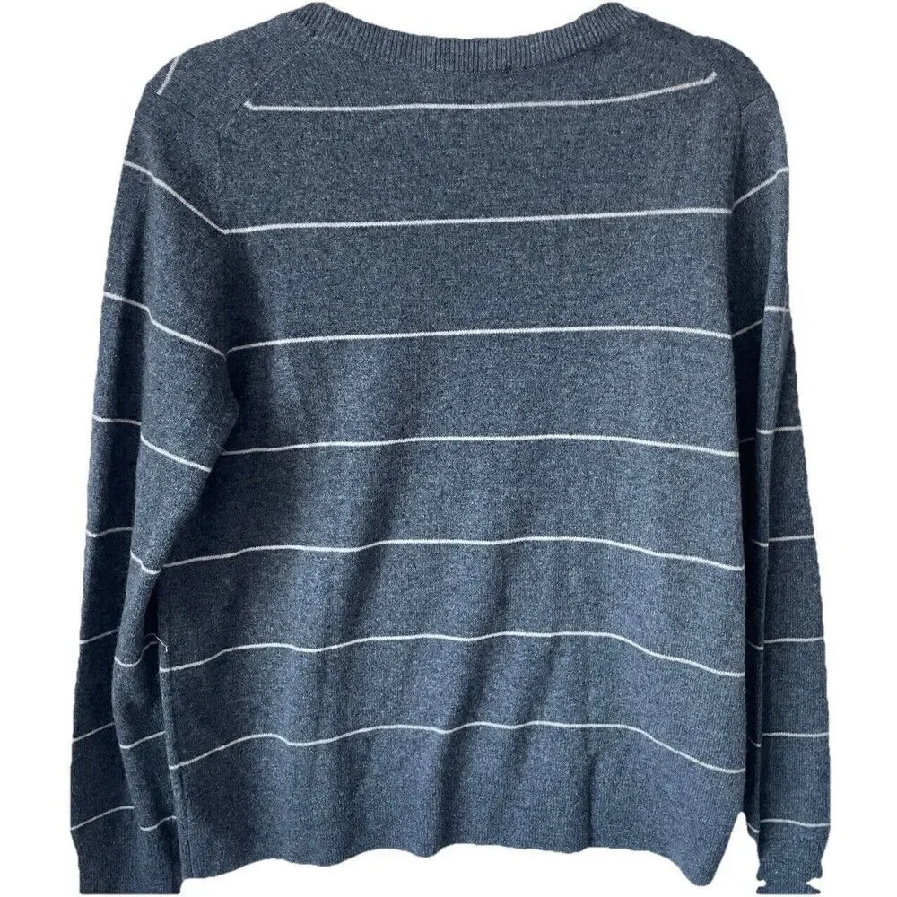 New Nordstrom Women Crewneck Cashmere Sweater In Grey- Beige Stripe Sz Large